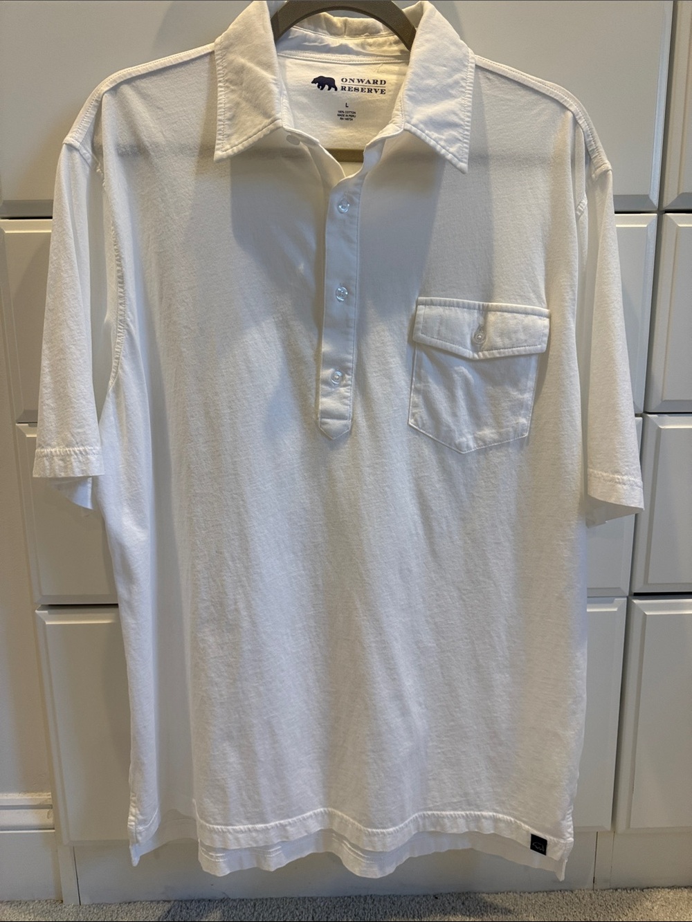 Men’s Onward Reserve White Polo Shirt with Chest Pocket Size- Large
